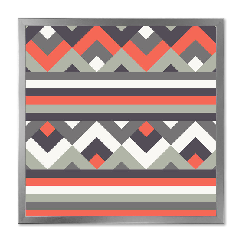 Ethnique zigzag en blanc, gris et rouge I - Impression sur toile, Cadre photo argenté, H 36 po x l 36 po