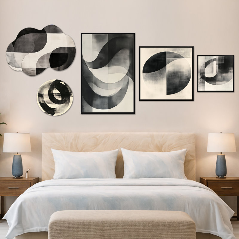 Géométrie noire et blanche «Minimal Curves - Décoration murale abstraite surdimensionnée», ensemble de 5 pièces d'art mural et impression sur toile encadrée (100 po x 40 po)