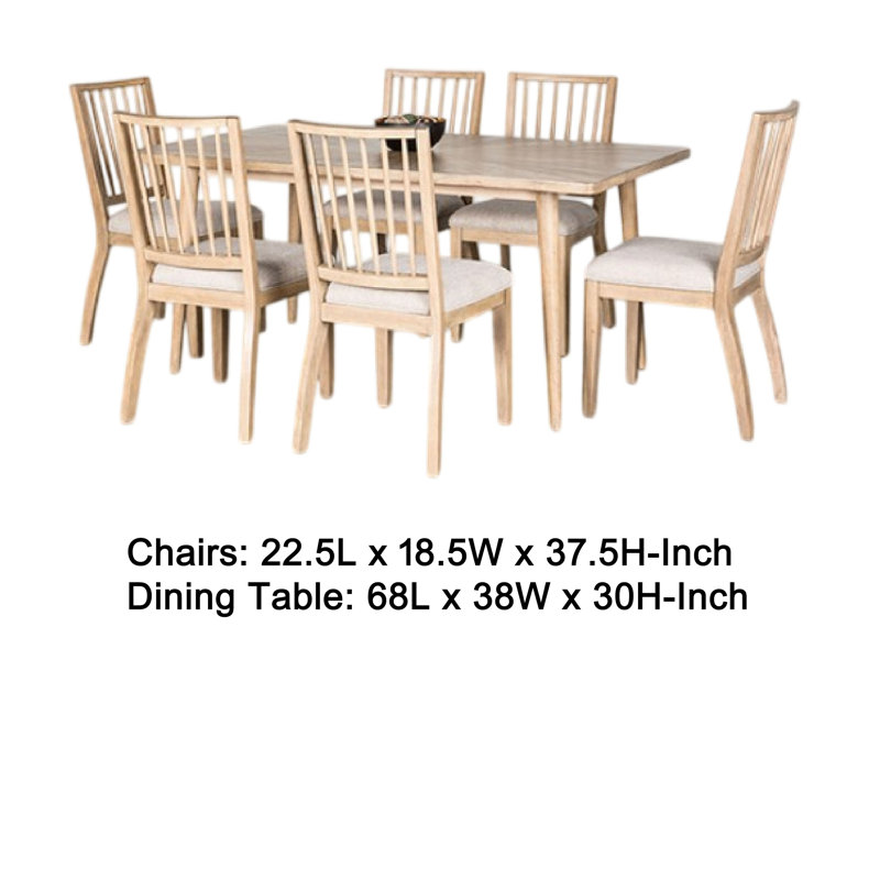 Ensemble de table de salle à manger 7 pièces Lucas, chaise en tissu à 6 broches, brun naturel