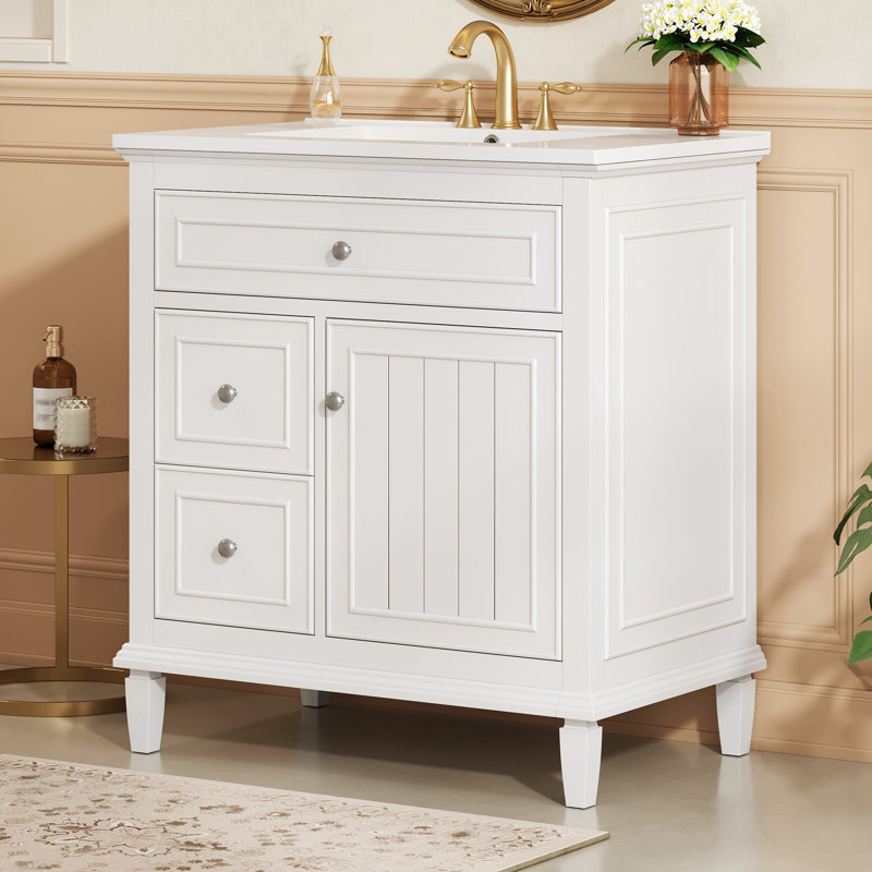 Meuble-lavabo blanc 30 po avec lavabo, armoire en bois massif et panneau de fibres à densité moyenne avec tiroir rabattable, 2 tiroirs de rangement et tablette intérieure réglable