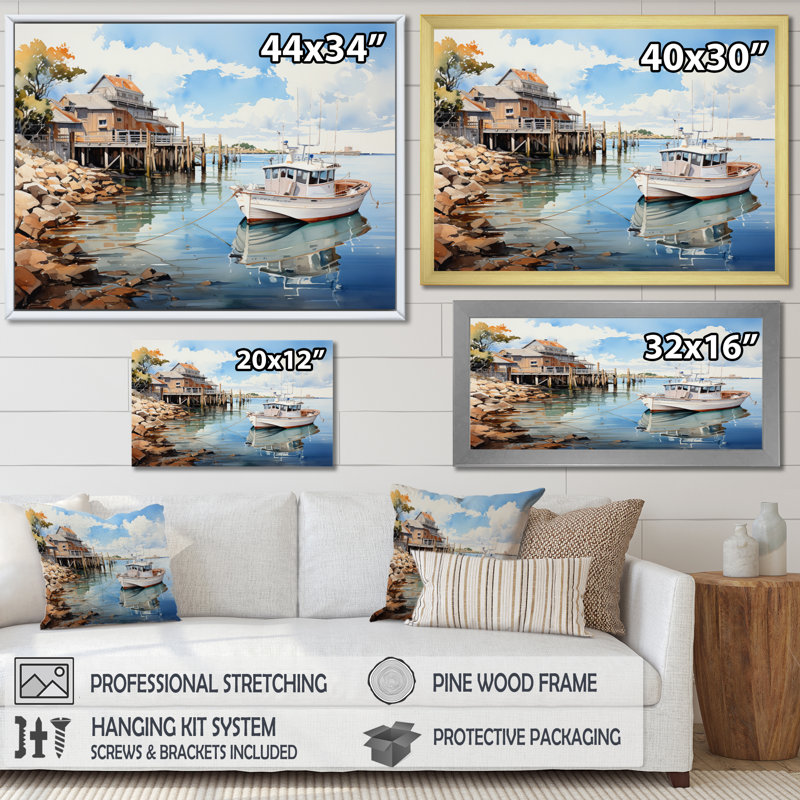 " Port Harbor Reflections II ", Silver Picture Framed, 24" H x 32" W x 1" D