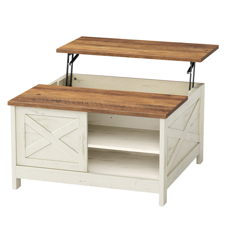 Table basse à plateau relevable Farmhouse, White, Cabinet