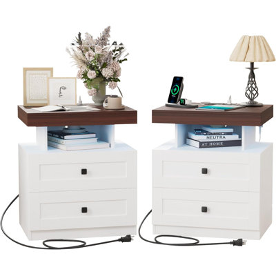 Farmhouse LED Nightstand Set Of 2, Bedroom Side Table With Charging Station, Rustic End Table With Drawers For Bedroom, Antique White