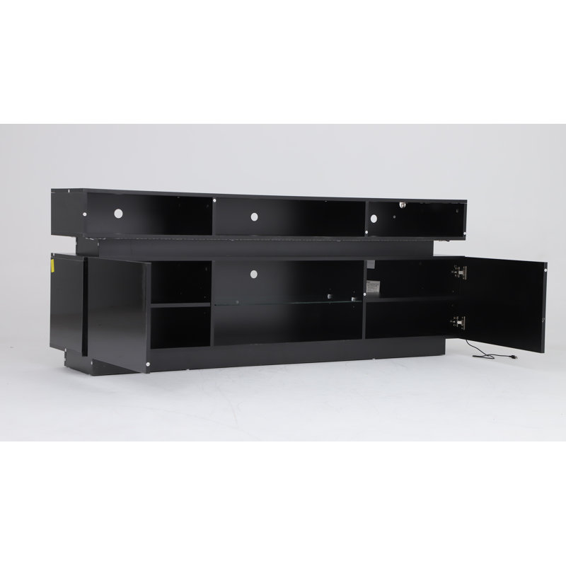 71'' TV Stand for TVs up to 80", Modern Tall High Gloss Entertainment Center with LED Lights, Power Outlets & Glass Shelf, Gaming Media Console for Living Room