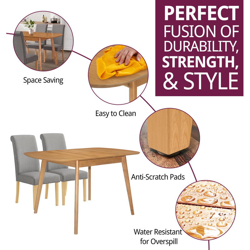 Butterfly Extending Dining Set with Upholstered Oak Leg Chairs, 5 Pieces: Table, 4 Chairs, Grey