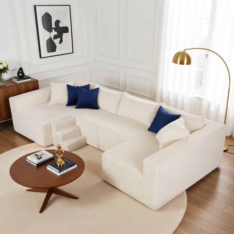 Boneless 128" U-Shaped Modular Sofa, No, Beige Corduroy