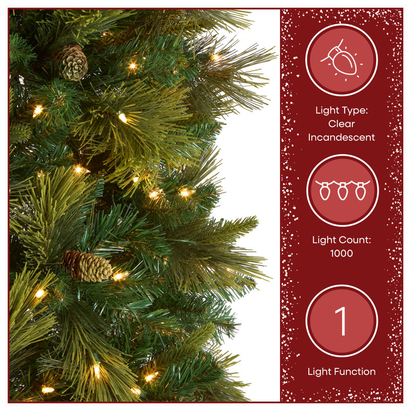 Carolina Slim 9' Green Pine Artificial Christmas Tree with 800 Clear Lights with Stand, 12'