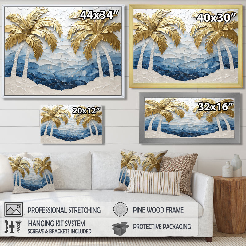 Art mural Cleao Golden Aqua Plams On The Beach I - Palmiers et palmiers, Reproduction encadrée d'une seule photo, Doré