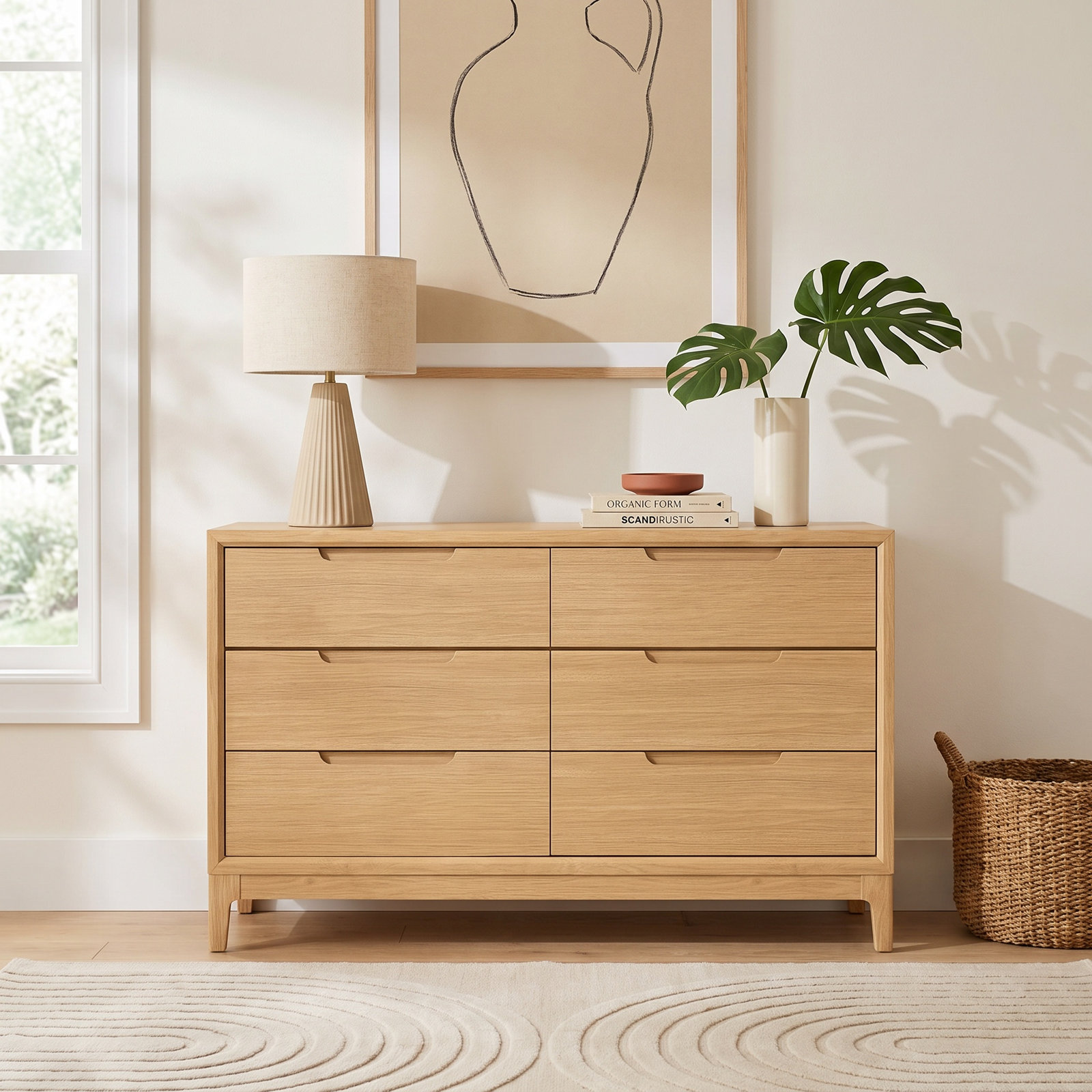 60" 6-Drawer Double Dresser, Light Oak