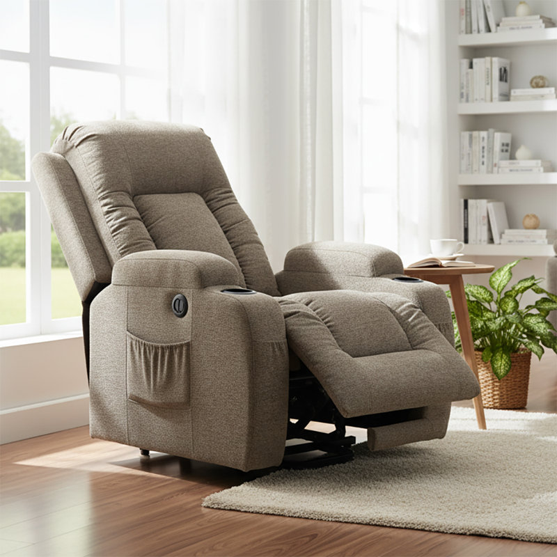 Fauteuil inclinable électrique avec base relevable et fonction de massage chauffant, Brun