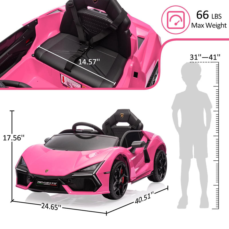 Voiture électrique 12V pour enfants, voiture électrique sous licence Lamborghini Revuelto, Rose