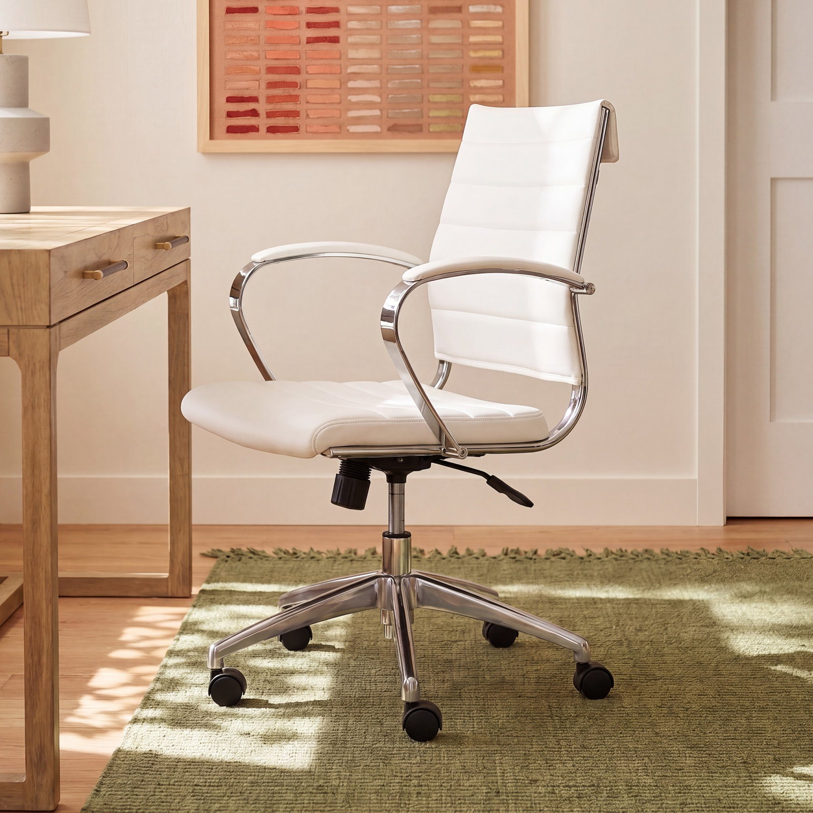 Rossie Office Chair, White Faux Leather, Fixed
