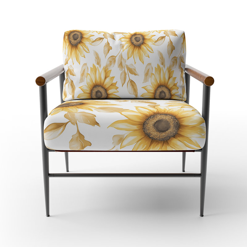 Chaise d'appoint Floral - fauteuil jaune Sun Glow, Bras ronds bruns