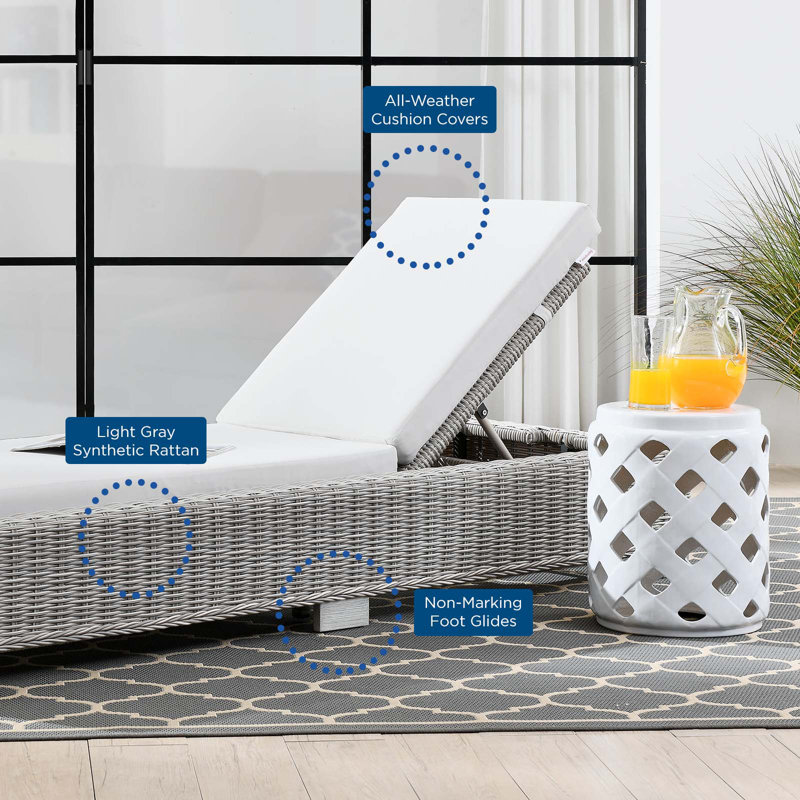 Light Gray Wicker Rattan Outdoor Chaise Lounge with Cushions