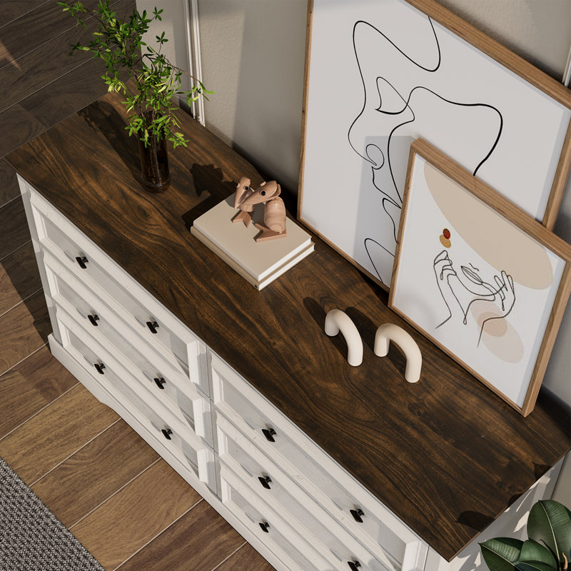 Farmhouse 6 Drawer Dresser For Bedroom, White/Brown