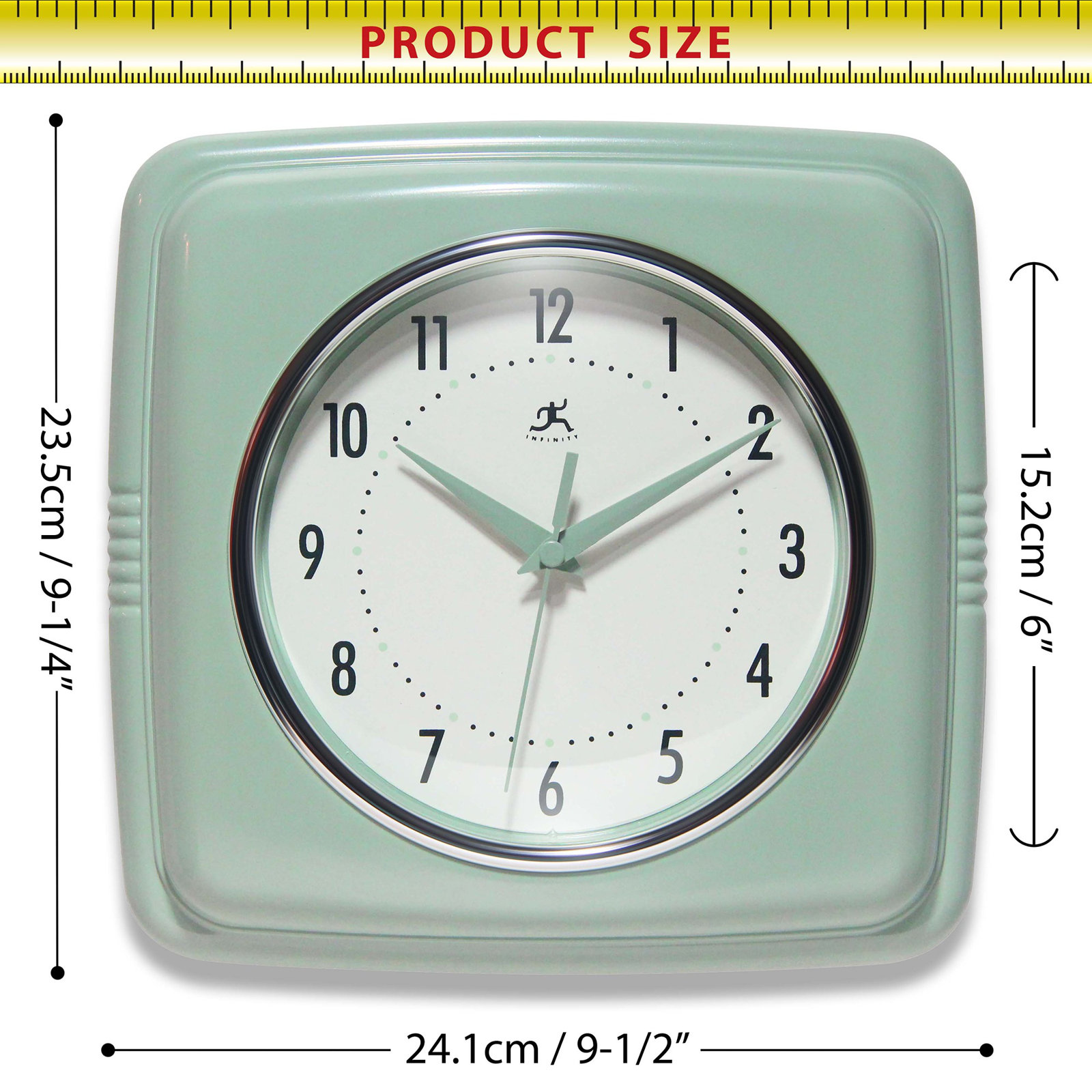 Orrwell Square Plastic Wall Clock 9.25 Inches, Sage Green/Off-White