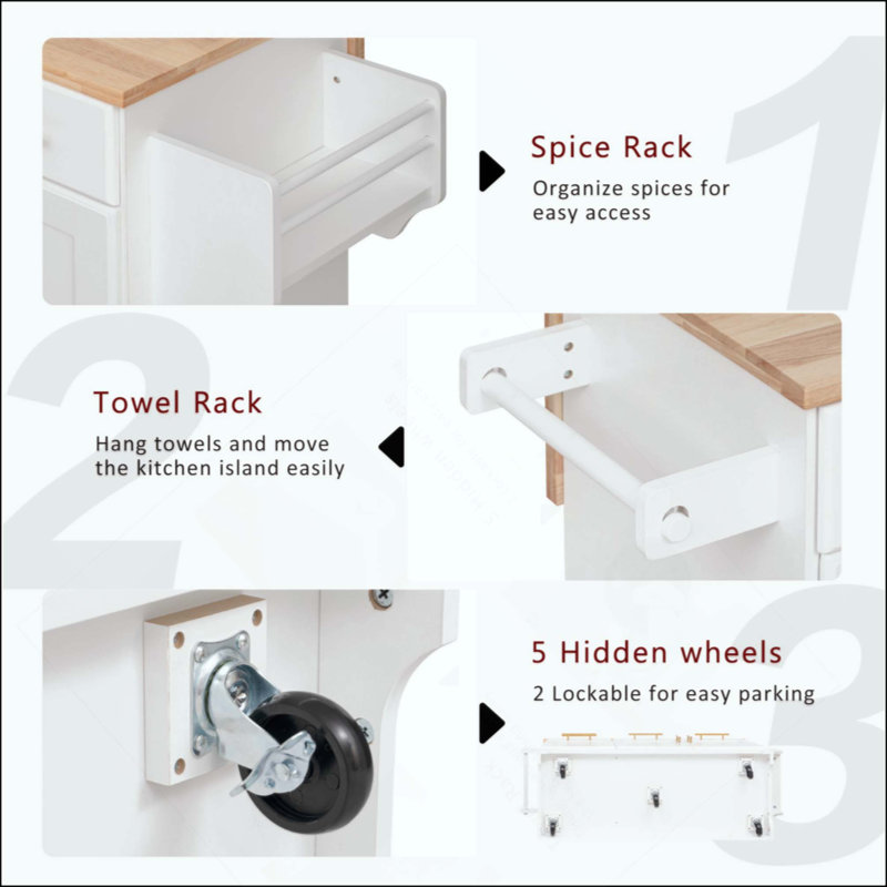 Kitchen Island with Rubber Wood Drop Leaf, 2 Pull Out Organizers & Trash Can Storage, Rolling Cart with Power Outlet, Spice & Towel Racks for Kitchen & Dining