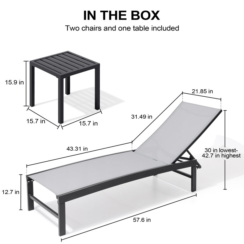 Patio Metal Reclining Chaise Lounge With Square Table (Set Of 3), Light Gray