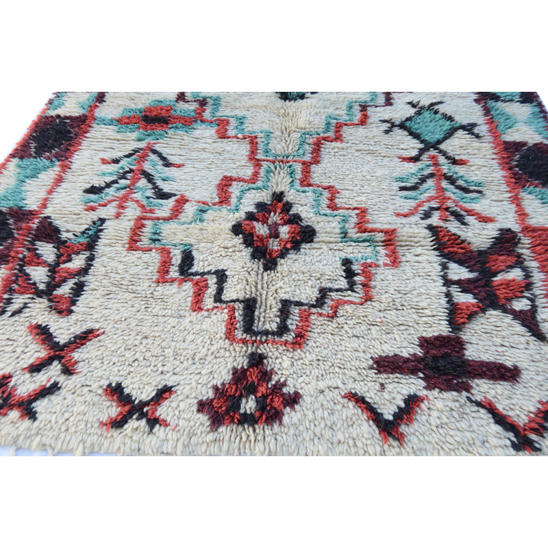 Tapis unique noir, beige, brun clair et vert de 3 pi 8 po x 8 pi 6 po des années 1980