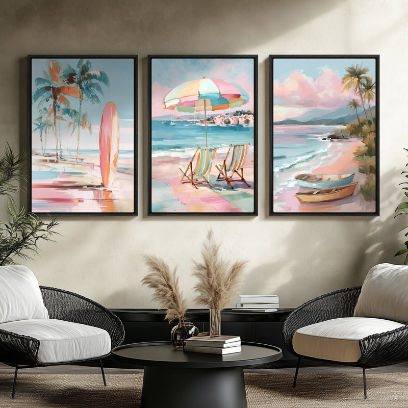 Art mural sur toile encadrée - Planche de surf de plage tropicale avec palmiers, scène côtière de bord de mer - 16 po x 24 po x 3 pièces, 24 po x 36 po x 3 pièces