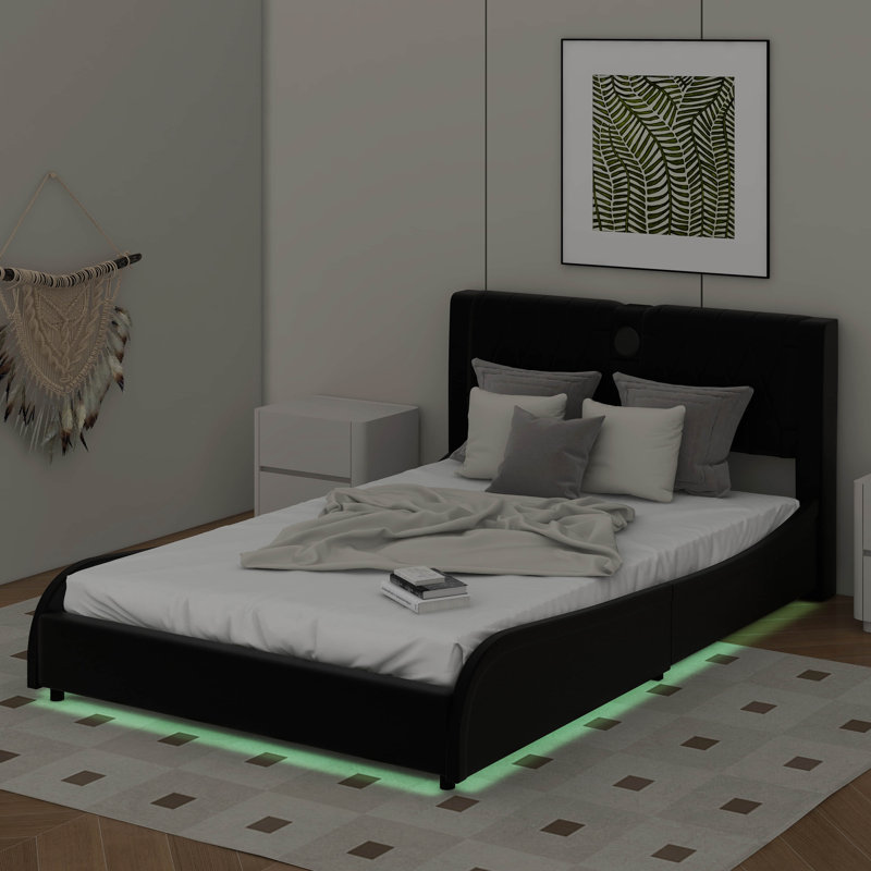 Luxurious Faux Leather Upholstered Platform Bed With Thickened Headboard, Bluetooth Speakers And RGB LED Light, Full, Black
