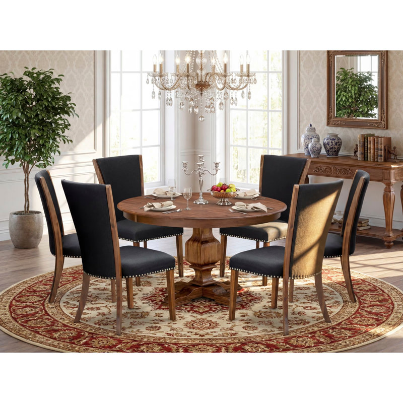 Ensemble de table de cuisine 7 pièces composé d'une table ronde avec piédestal et 6 chaises Parson en tissu noir, noyer antique