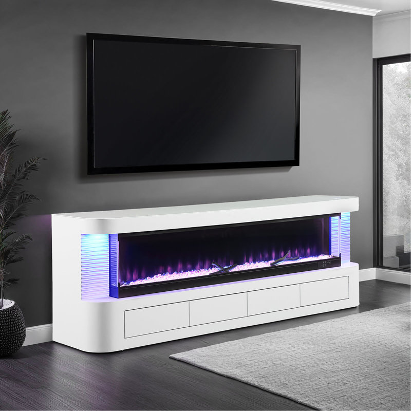 Meuble télé de style contemporain avec foyer électrique à 3 niveaux et boîte à flammes avec finition blanche et salon principal