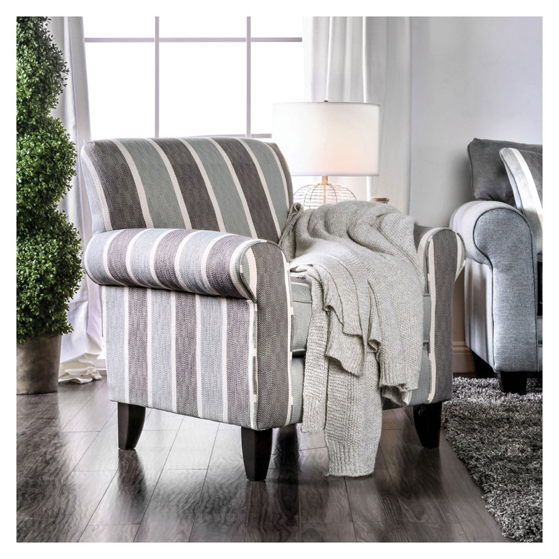 Chaise d'appoint transitionnelle à dossier haut avec accoudoirs roulés, tissu rayé bleu-gris, structure en bois massif