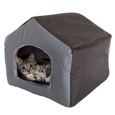 Intérieur pour chat - Lit pour chat fermé avec intérieur en sherpa moelleux, coussin rembourré amovible et extérieur en toile - Lit pour animal de compagnie pour petits chatons ou chiens de 35 lb ou moins par PETMAKER (gris)