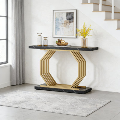 40" Faux Marble Console Table, Gold Geometric Metal Base Accent Sofa Table