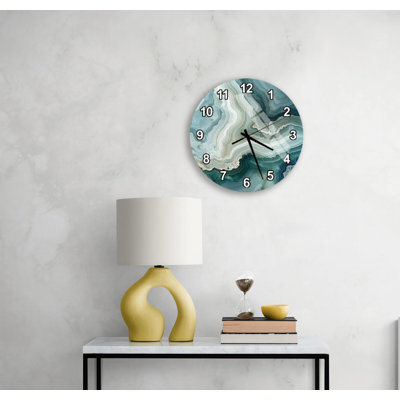 Horloge murale en verre trempé vert agate, décor art moderne marbre bleu sarcelle, montre abstraite de luxe, grand cadeau de pendaison de crémaillère salon