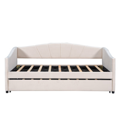 Upholstered Daybed Sofa Bed Twin Size With Trundle Bed And Wood Slat ,Beige -  Everly Quinn, BD95679190BC49898DA39B9801727EA2