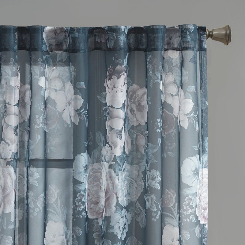 Gray Floral Sheer Rod Pocket and Back Tab Curtain Panel