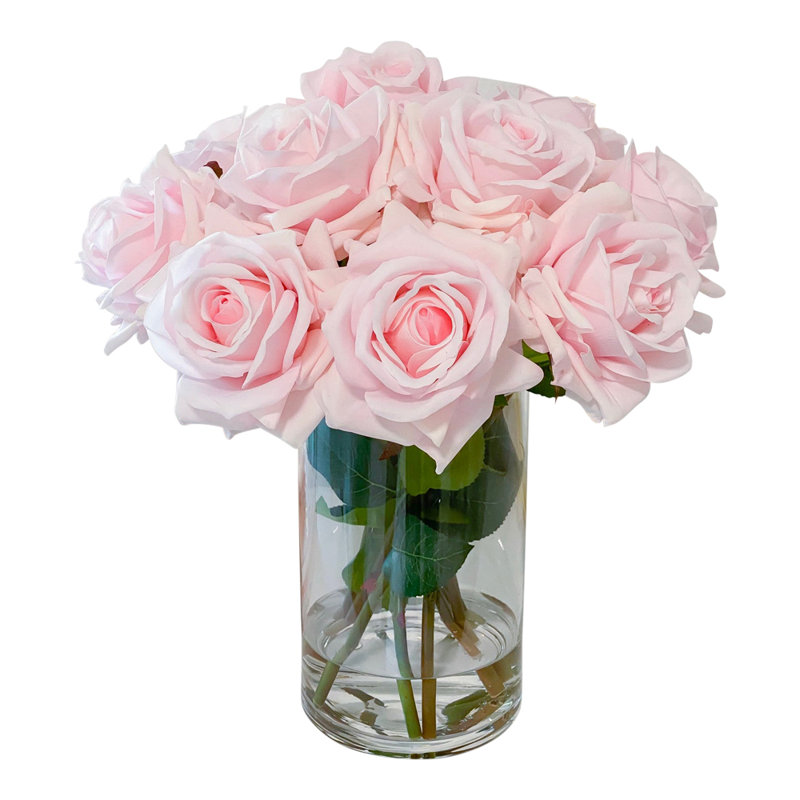 Real Touch Roses Centerpiece In Tall Glass Vase, Pink