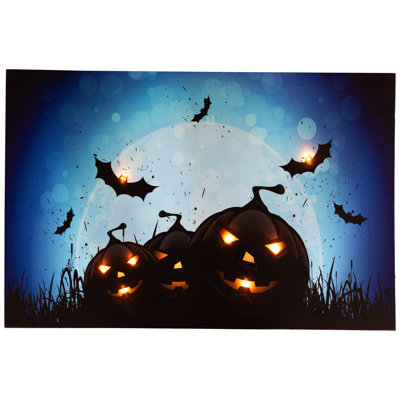 LED Lighted Jack-O-Lanterns and Bats Halloween Canvas Wall Art 23.5" x 15.5"