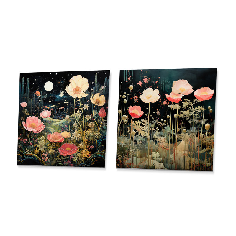 Enigma, fleurs de jardin roses et vertes I - Tachisme, ensemble de 2 carrés d'art mural en métal, H 36 po x l 72 po