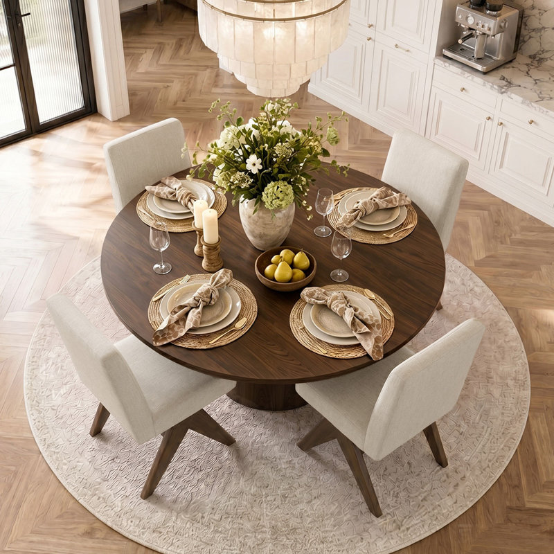 Ensemble de table de salle à manger 4 personnes Sueann avec table ronde unie et 4 chaises rembourrées, Beige