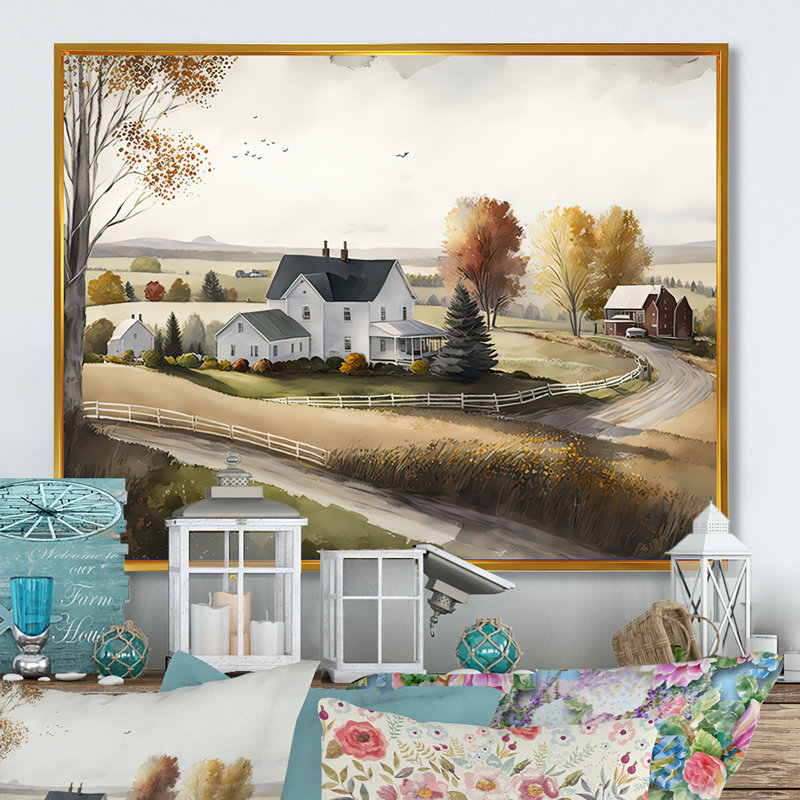 «Path To The Barn I», art mural grand paysage de grange, Cadre flottant doré, H 30 po x l 40 po x P 1,5 po
