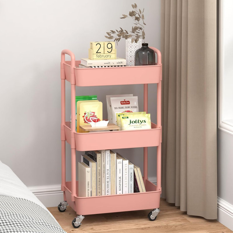 Chariot utilitaire roulant en plastique avec, 29.92" H x 11.42" W x 15.35" D, Rose