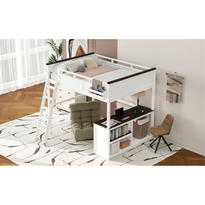 Lit mezzanine avec bureau, tablette ouverte et boîte de rangement, station de charge USB