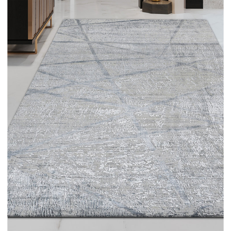 Abstract Area Rug in Ivory/Light Blue/Gray, Rectangle 6' x 9'