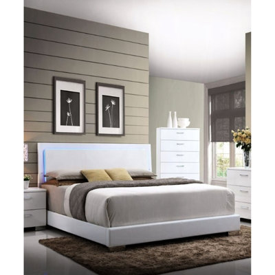 Grand lit avec éclairage à DEL, cuir synthétique blanc, pieds droits, tête de lit et rails rembourrés ultrabrillants, profil bas, sommier tapissier à 3 lattes, capacité de charge de 660 lb, 85 po