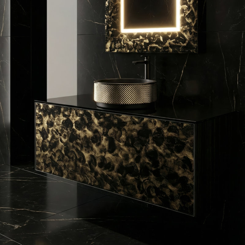 Meuble-lavabo mural de luxe en cristal Murano, Noir et or, 48"