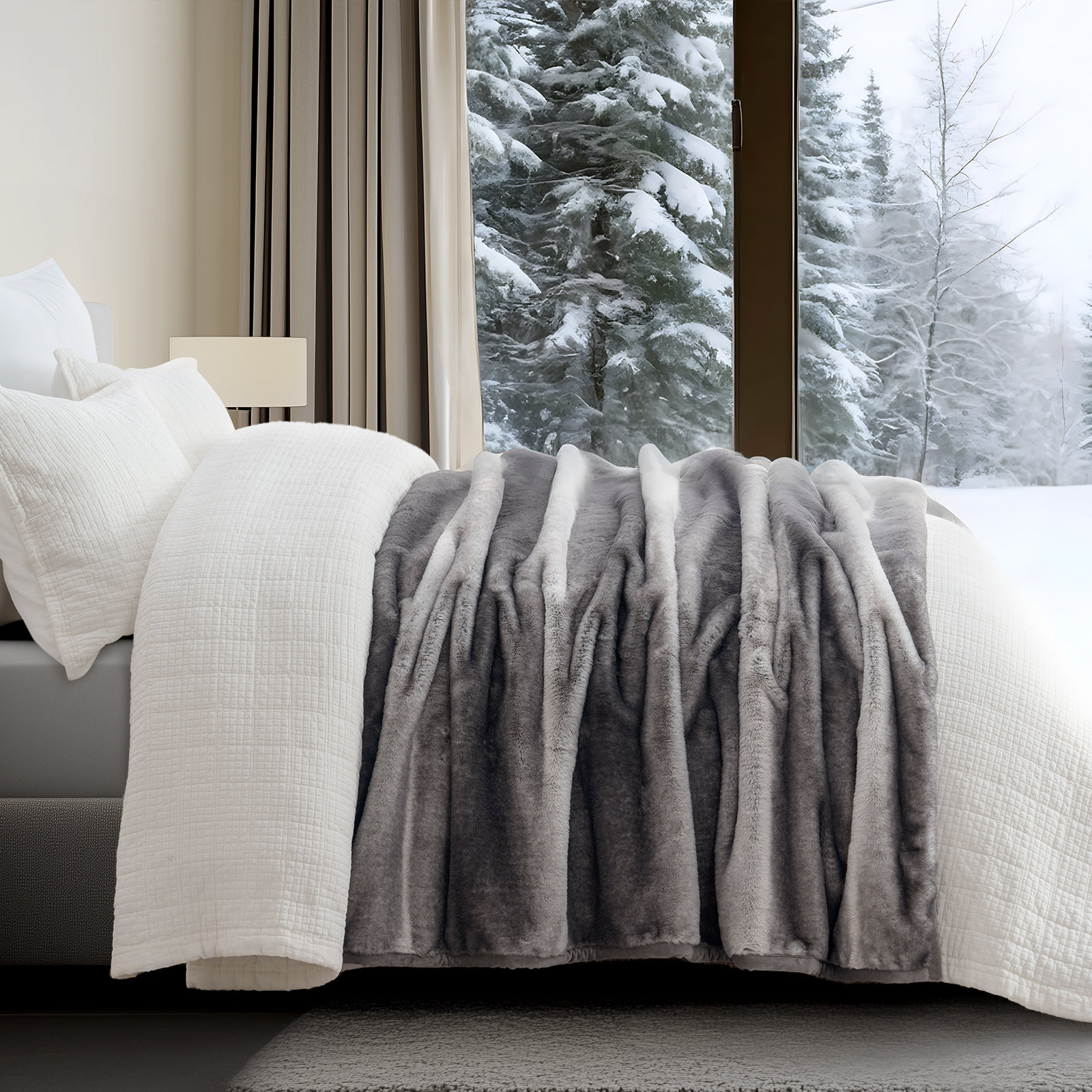 Luxury Mink Faux Fur Throw Blanket, 60" W x 80" L, Ombré Silver Onyx