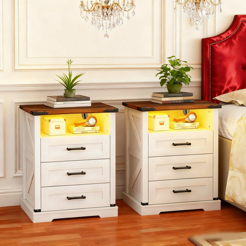 Wooden Farmhouse Style Night Stand With 3 Drawers, Nightstand Set of 2 with Charging Station, White End Table With LED Light