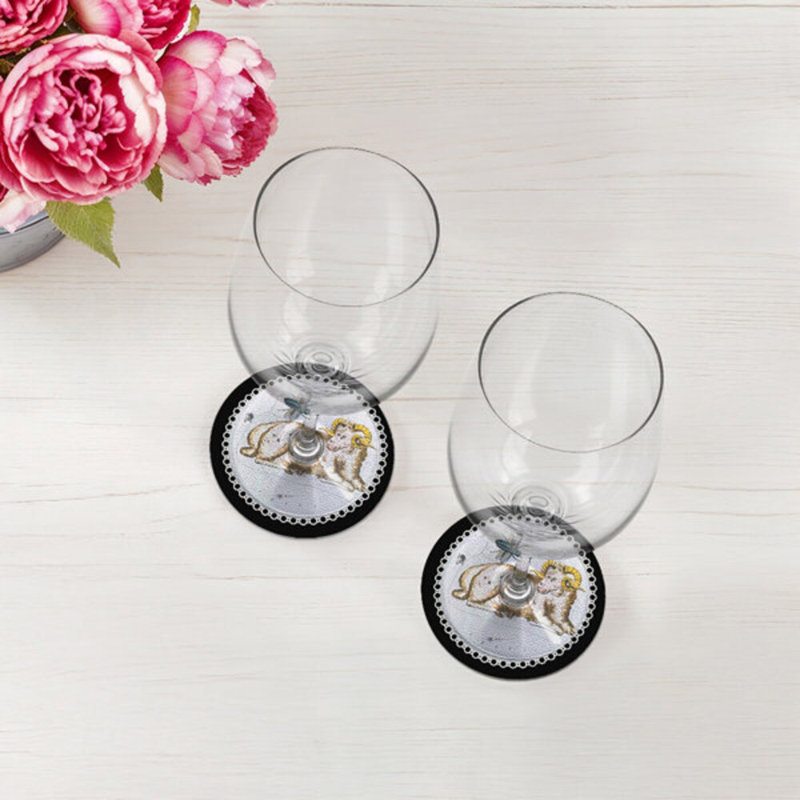 Zodiac Aries White Vegan Leather Round Coasters, Black
