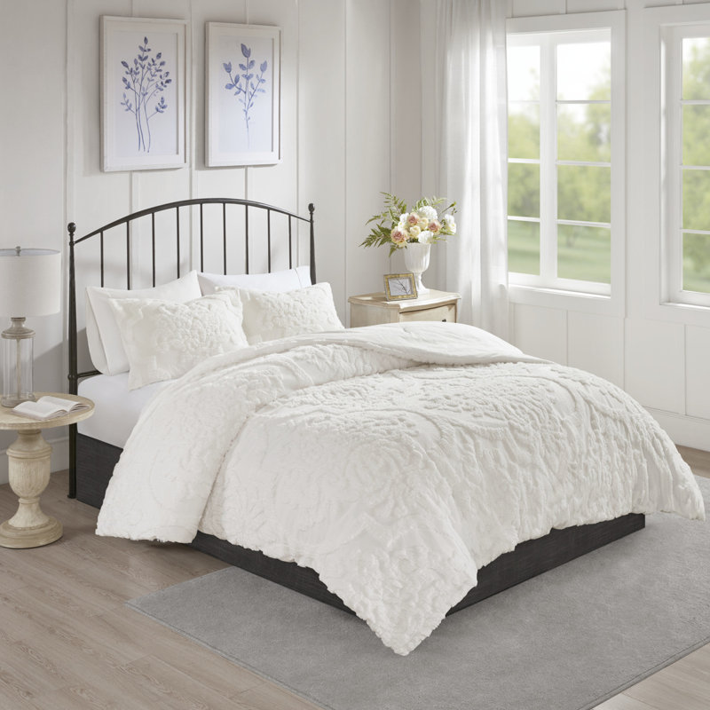 Ensemble d'édredon damassé en coton 3 pièces Madison Park Viola, certifié Oeko-Tex, lavable à la machine, Blanc cassé