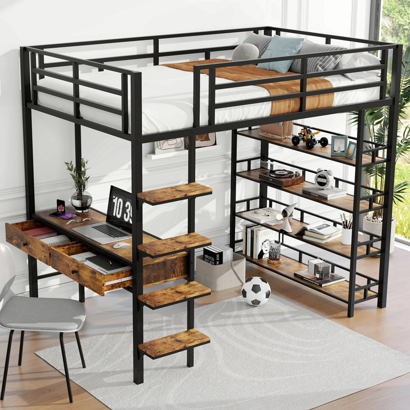 Lit mezzanine en métal avec bureau et tablettes, noir, Lit simple