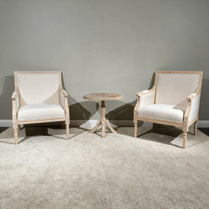 French Accent Chair With Traditional Wood Frame, Linen Upholstery, And Distressed Finish For Elegant Home Decor