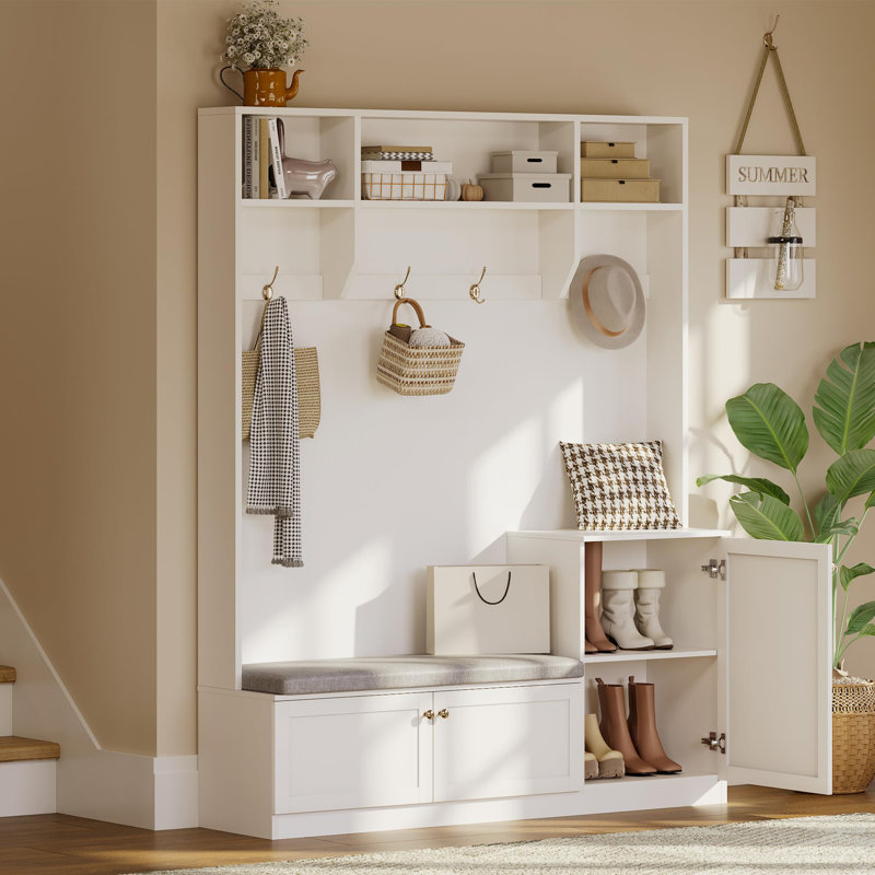 Arbre d'entrée de 78,7 pouces de hauteur avec banc et rangement pour chaussures, banc d'entrée moderne avec portemanteau, 4 crochets de suspension, 3 compartiments ouverts